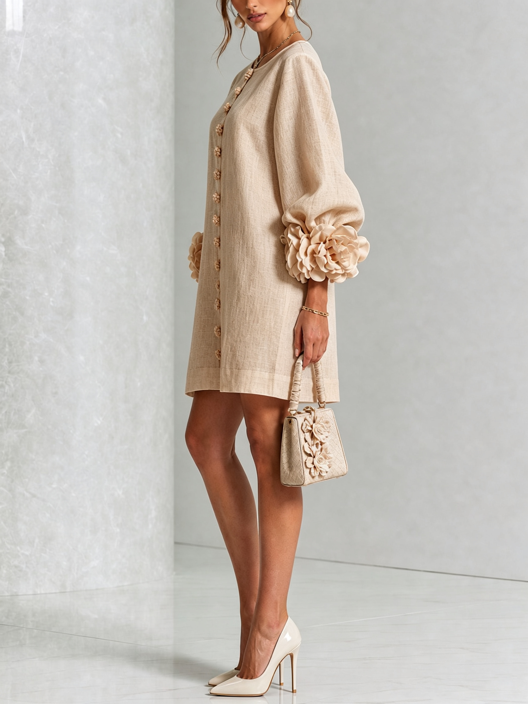 CHIARA | MINIABITO BEIGE A FIORI CON BOTTONI E POLSINI DECORATI