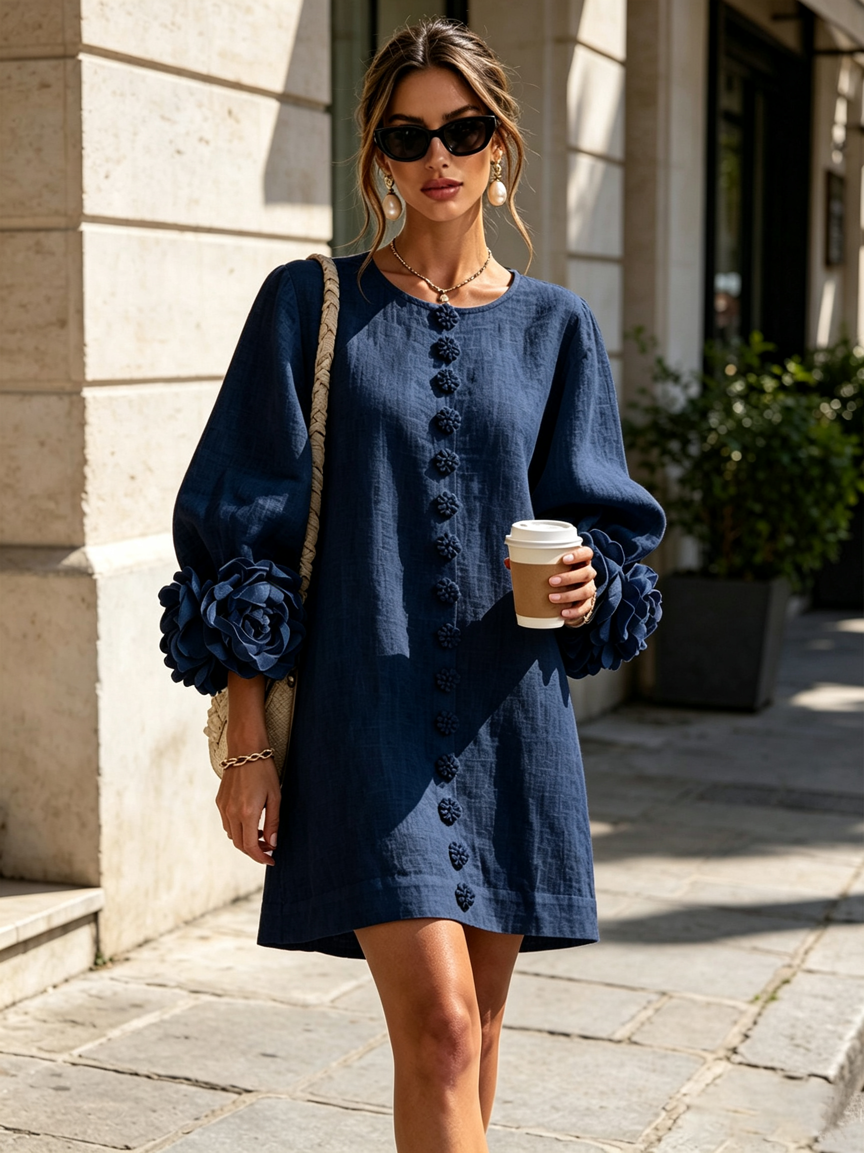 FRANCESCA | MINIABITO BLU NAVY A FIORI CON BOTTONI E POLSINI DECORATI