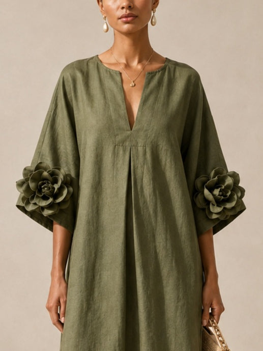 ELENA | ABITO MIDI VERDE OLIVA CON SCOLLO AVE DETTAGLI FLOREALI