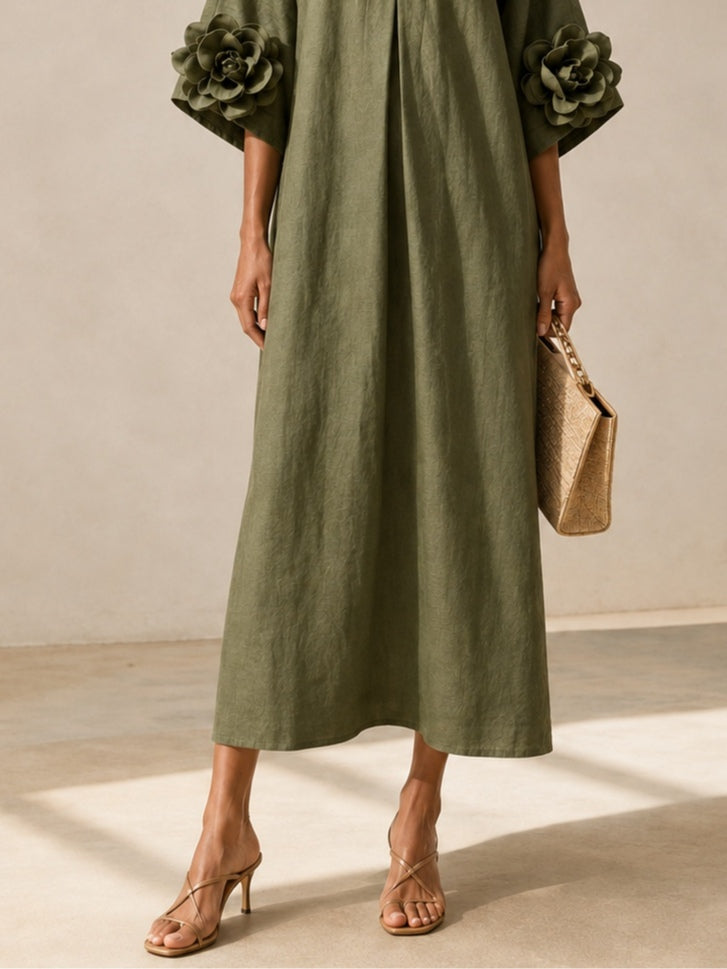 ELENA | ABITO MIDI VERDE OLIVA CON SCOLLO AVE DETTAGLI FLOREALI