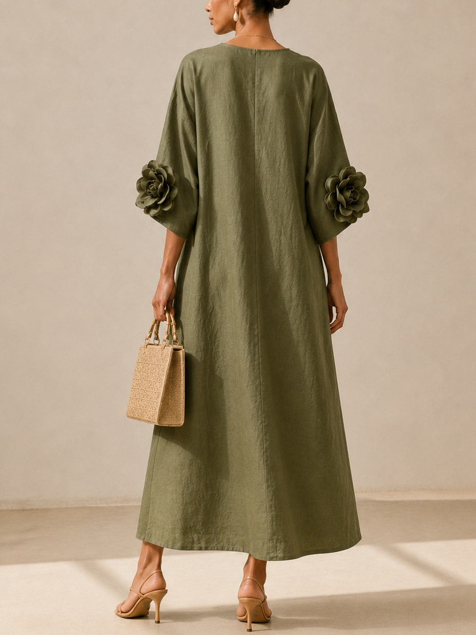 ELENA | ABITO MIDI VERDE OLIVA CON SCOLLO AVE DETTAGLI FLOREALI
