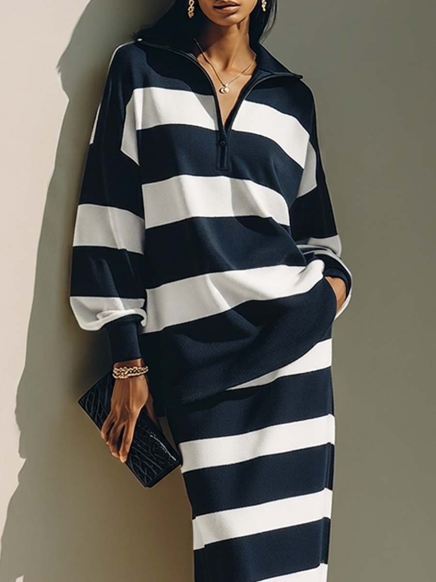 Valentina™ | Completo Due Pezzi Blu Notte a Righe Color-Block con Top Polo a Mezza Zip e Gonna Midi