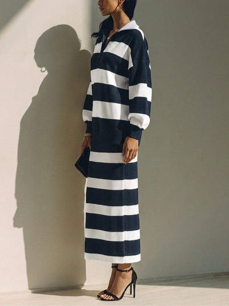 Valentina™ | Completo Due Pezzi Blu Notte a Righe Color-Block con Top Polo a Mezza Zip e Gonna Midi