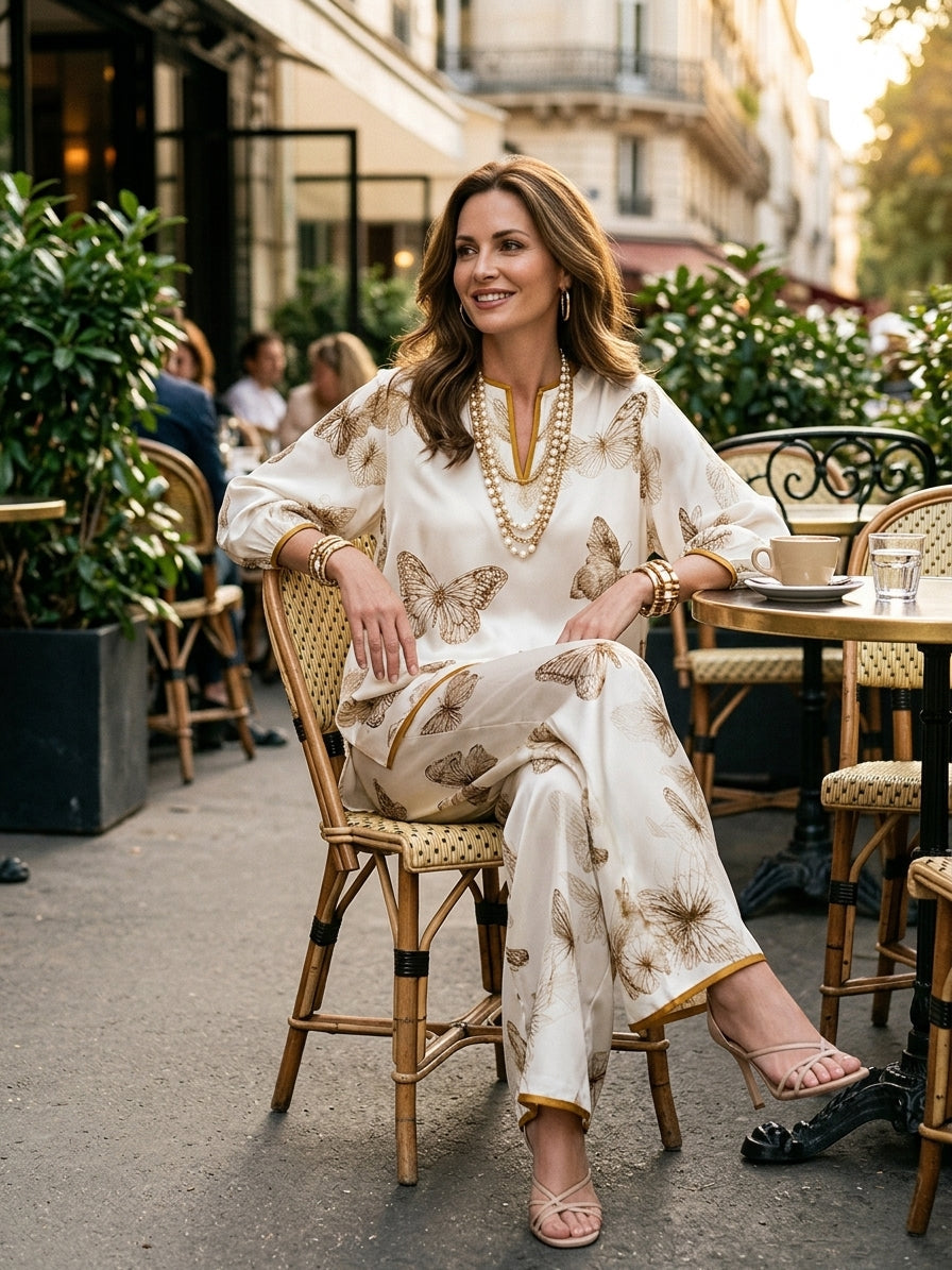 CELINE | Completo Due Pezzi in Raso Color Avorio con Stampa Farfalle e Pantaloni Ampi