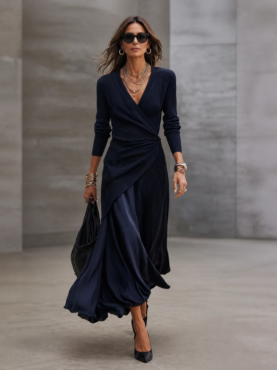 Margarita™ | Abito Maxi a Portafoglio Asimmetrico Blu Notte a Costine con Dettagli in Raso