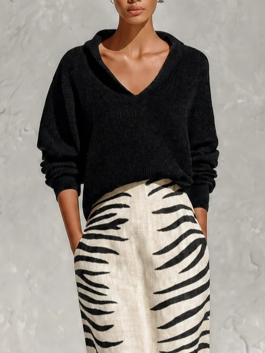 Blanca™ | Completo Due Pezzi Top Nero con Colletto e Gonna Midi Zebra