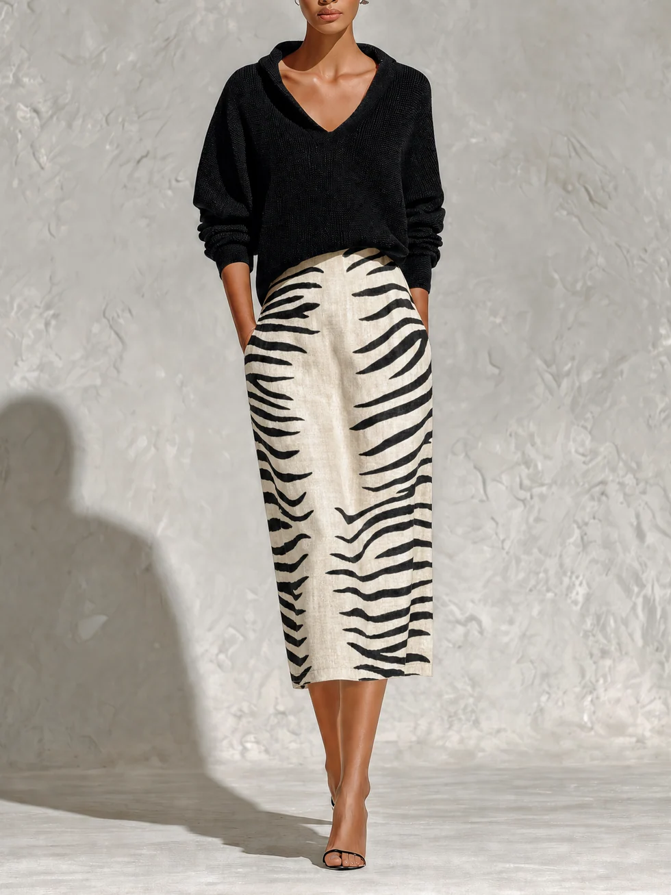 Blanca™ | Completo Due Pezzi Top Nero con Colletto e Gonna Midi Zebra