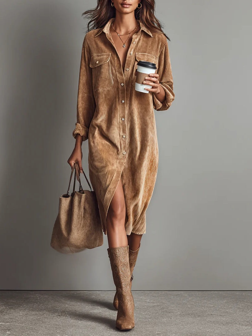 Matilde™ | Abito Midi Oversize en Velluto a Coste Monopetto con Tasche