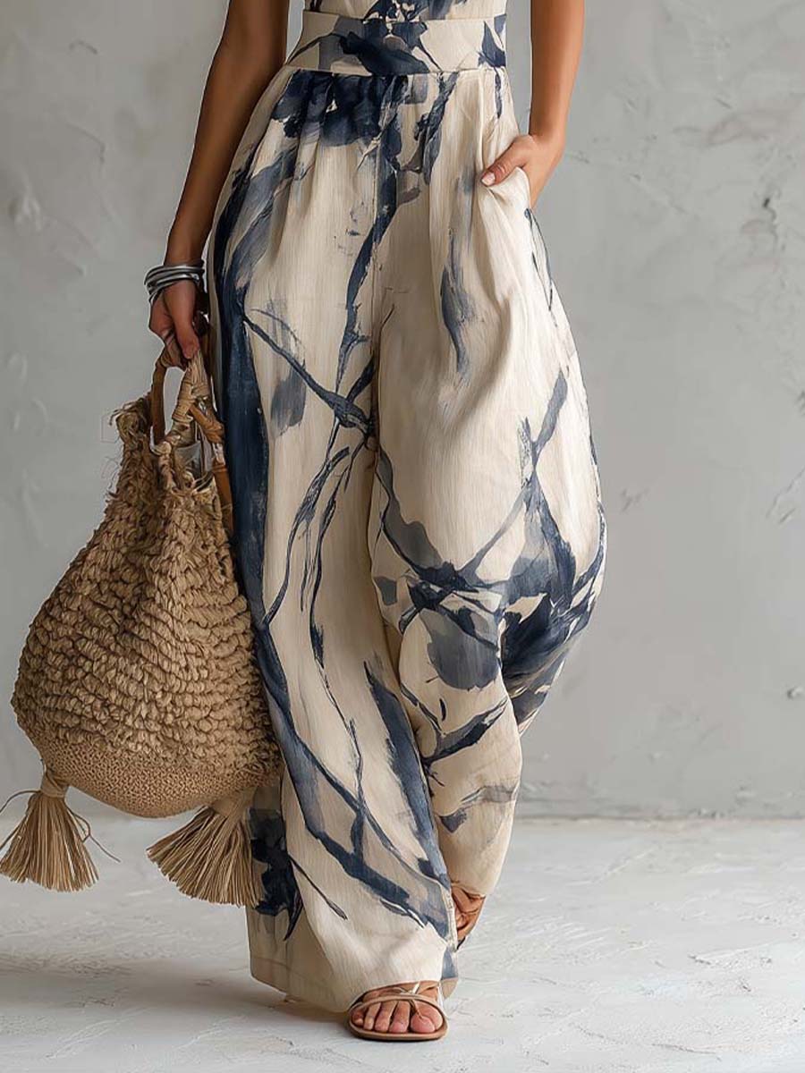Tuta a Gamba Larga con Scollo all'Americana e Stampa Effetto Inchiostro Sfumato con Tasche