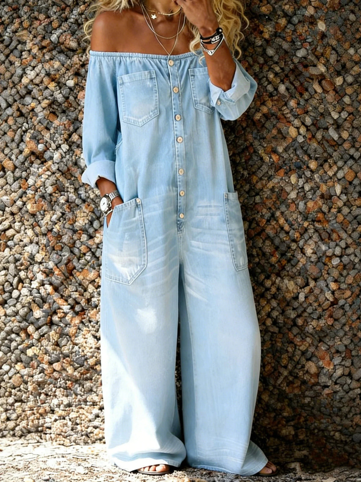 Noa | Mono de denim con escote de hombro descubierto