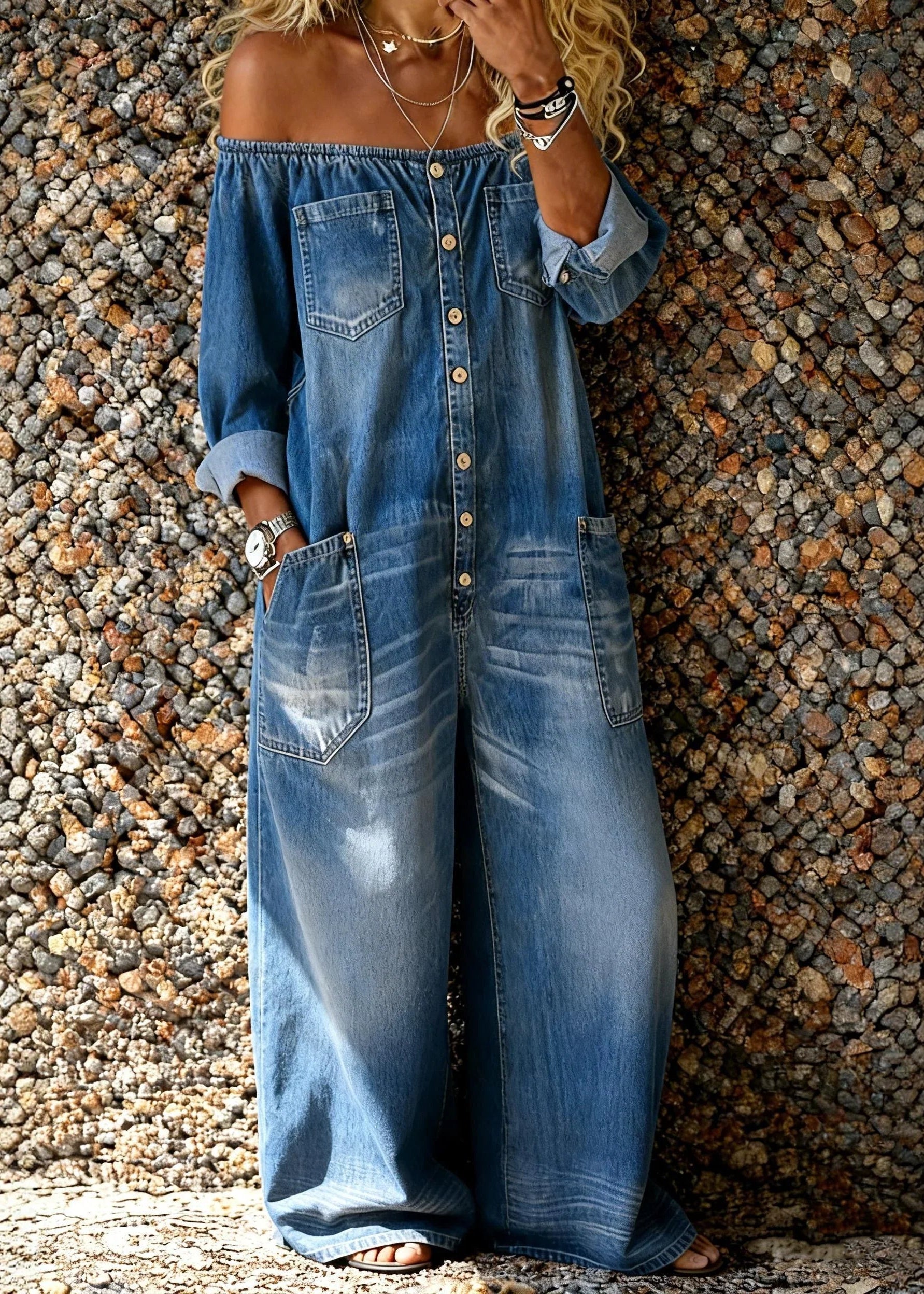 Noa | Mono de denim con escote de hombro descubierto