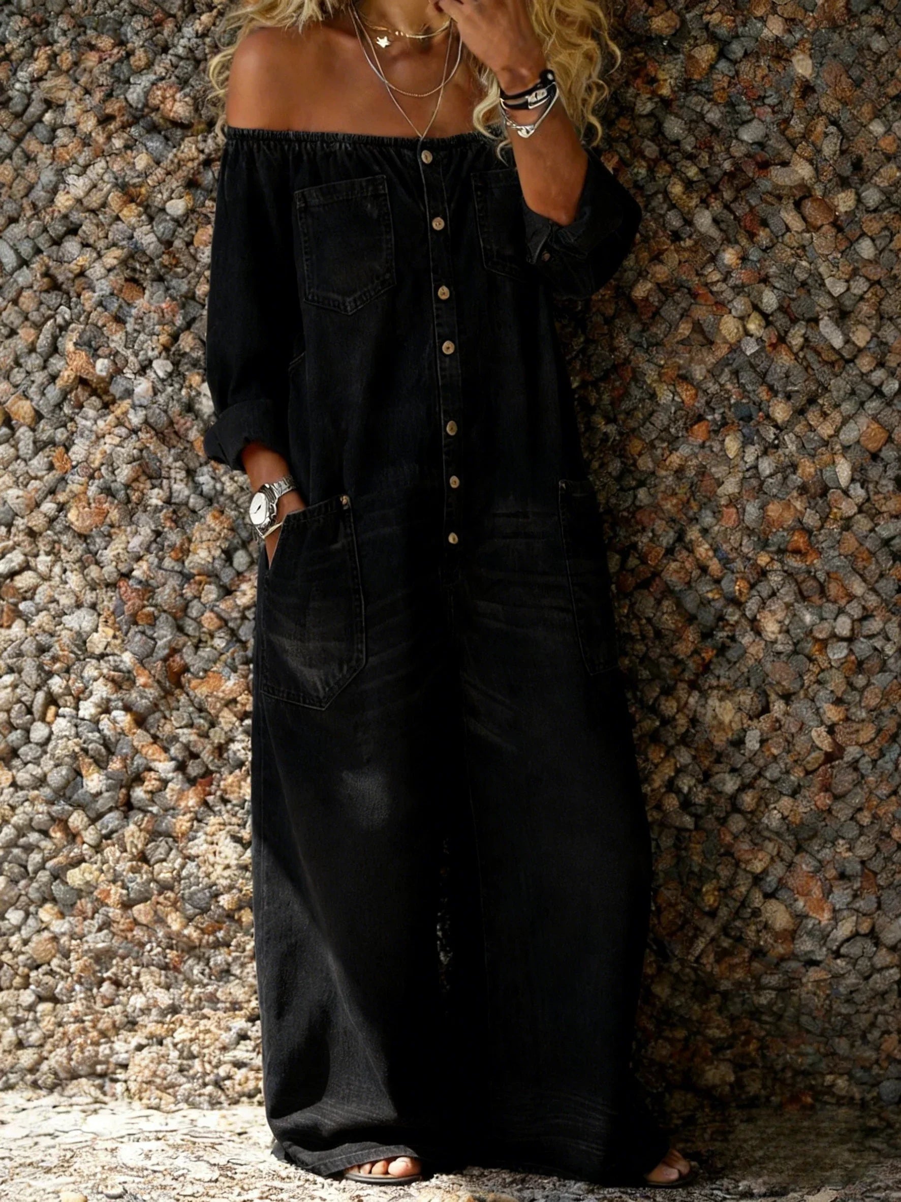 Noa | Mono de denim con escote de hombro descubierto