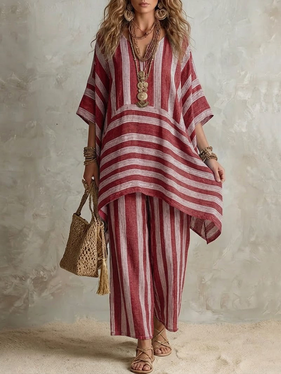 Raquel · Completo Boho in Lino a Righe Donna Taglio Oversize