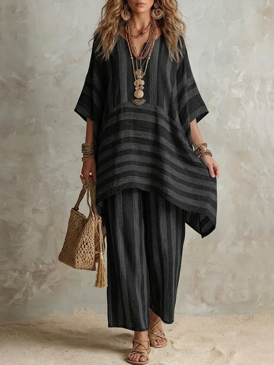 Raquel · Completo Boho in Lino a Righe Donna Taglio Oversize