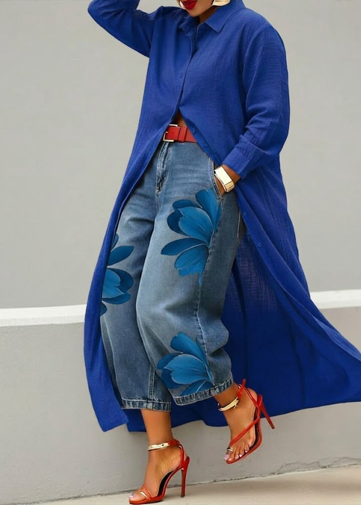 Rosa · Conjunto Vestido Camisero Rojo y Jeans Anchos Florales