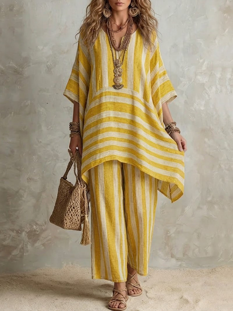 Raquel · Completo Boho in Lino a Righe Donna Taglio Oversize