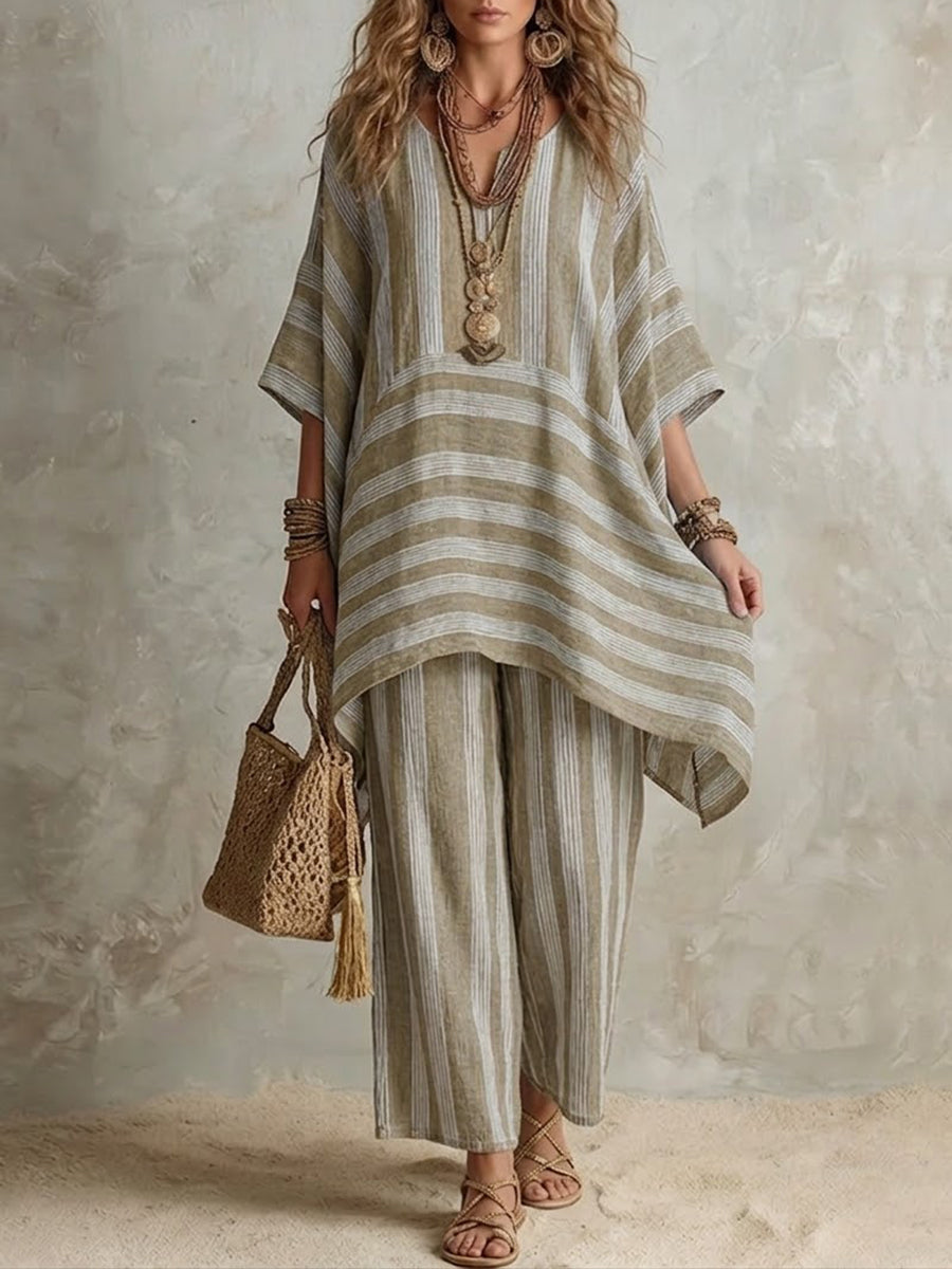 Raquel · Completo Boho in Lino a Righe Donna Taglio Oversize