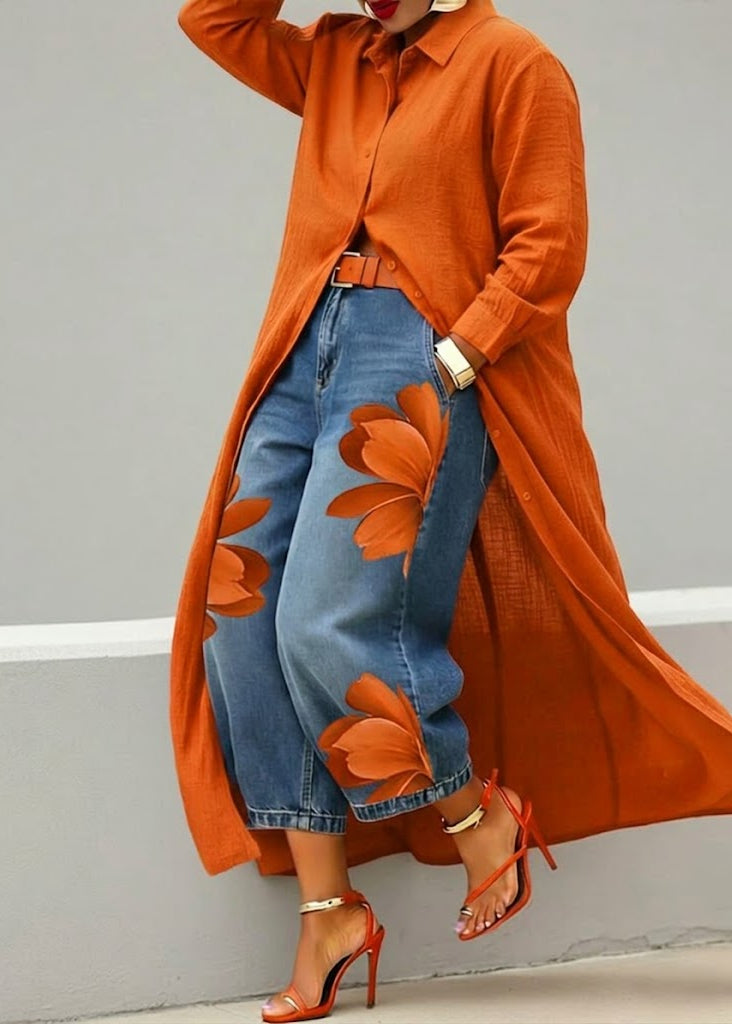 Rosa · Conjunto Vestido Camisero Rojo y Jeans Anchos Florales