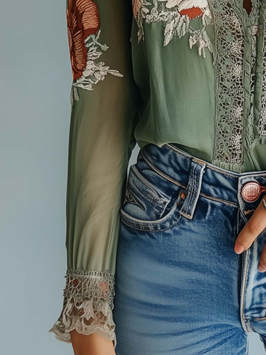 Rocío · Blusa floreale bohémien con pizzo