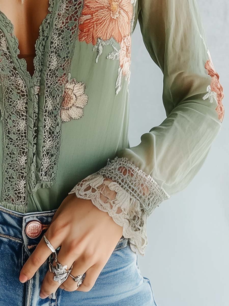 Rocío · Blusa floreale bohémien con pizzo