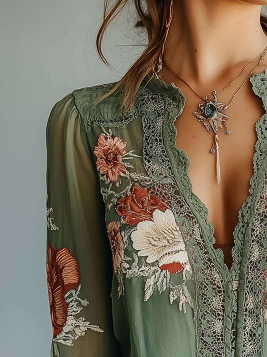 Rocío · Blusa floreale bohémien con pizzo