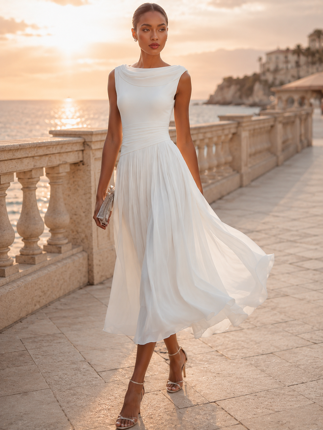CINTIA · Vestido midi plisado sin mangas con escote drapeado