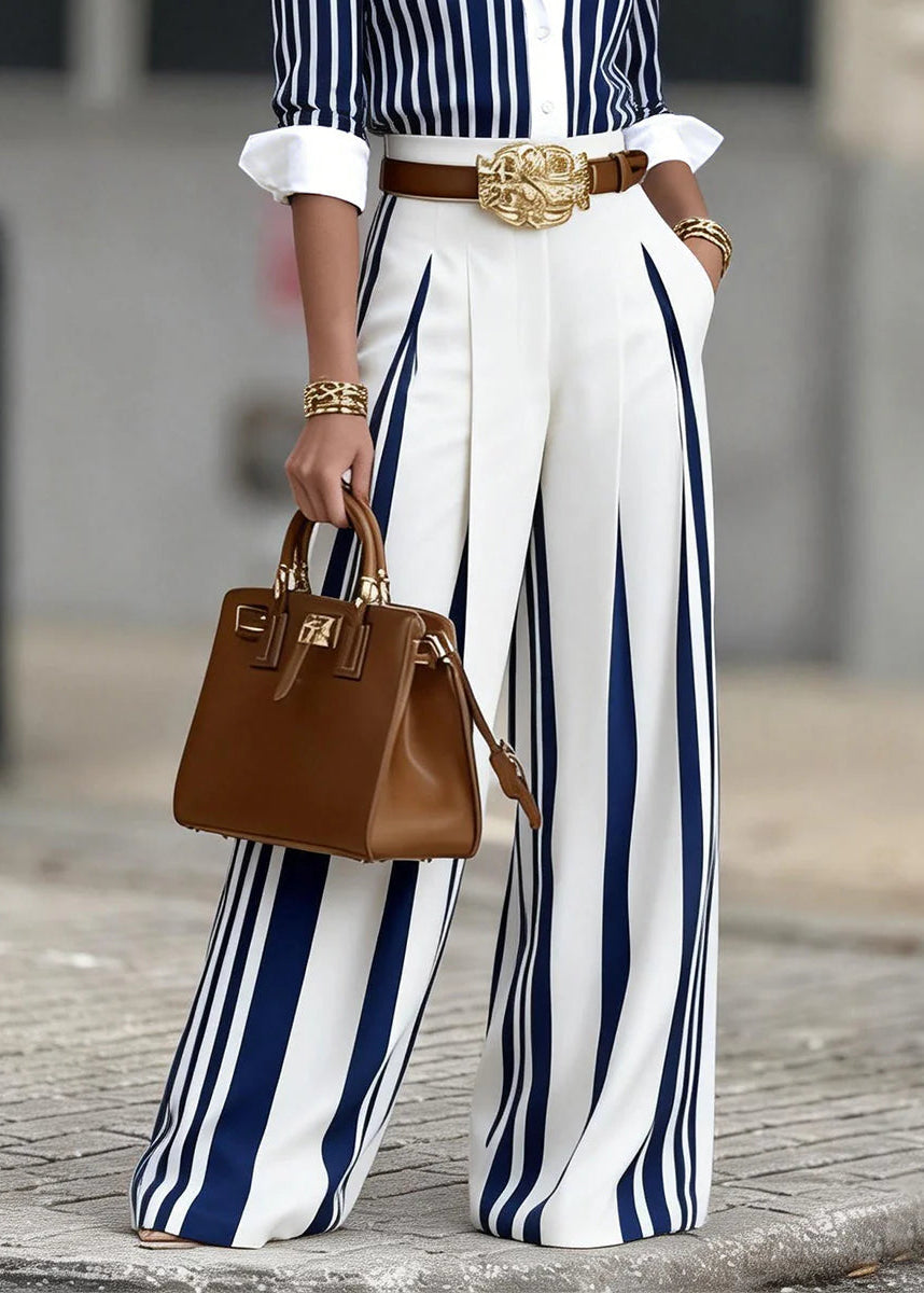Lucia: Conjunto De Mujer A Rayas Con Camisa Y Pantalón Ancho