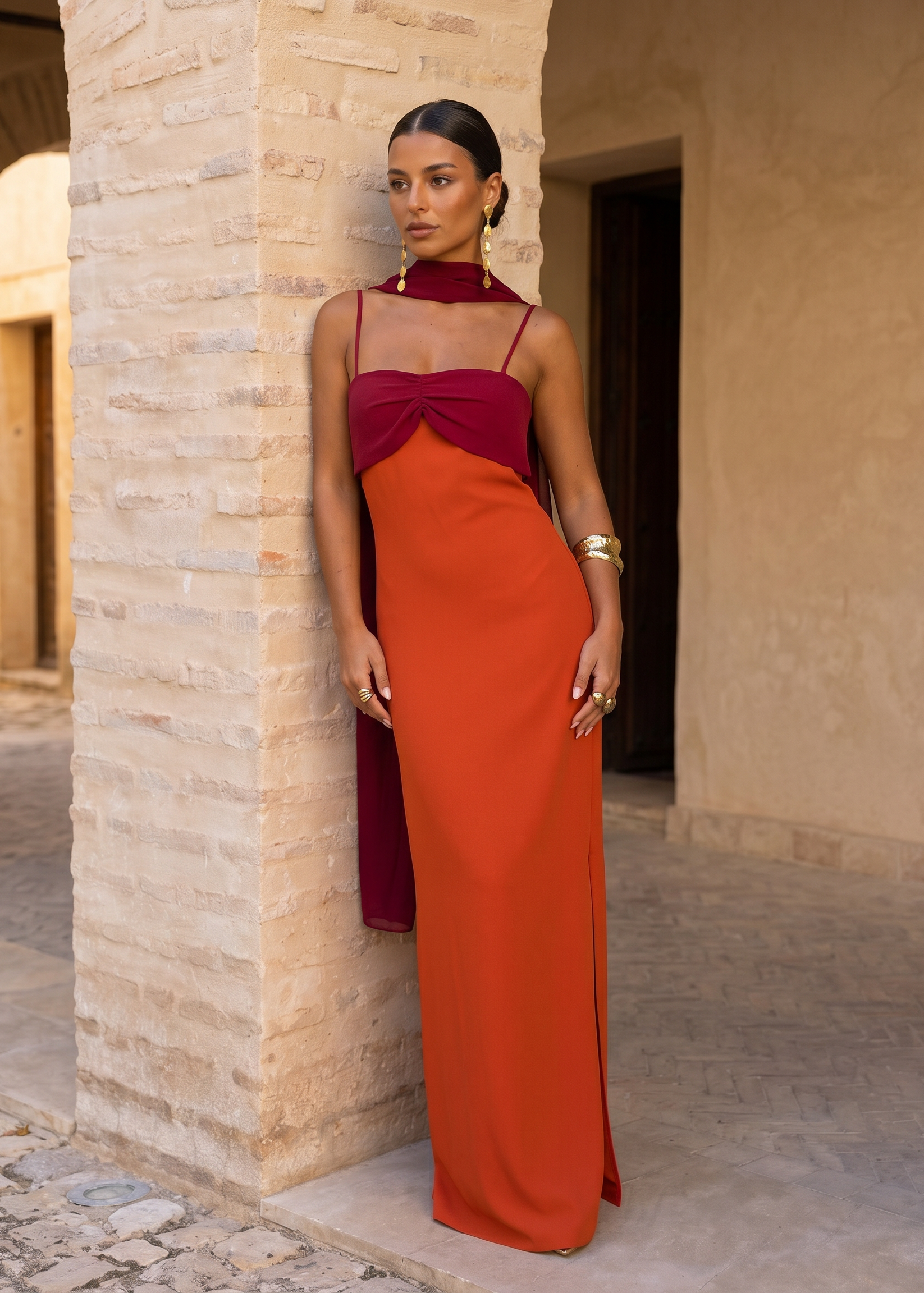 Zahara | Vestido en naranja con escote en rojo