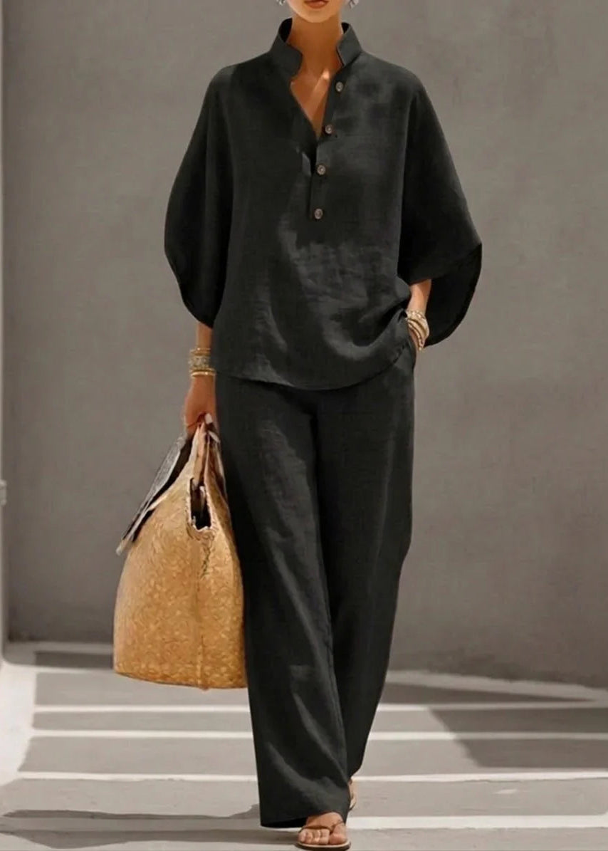 Maribel | Conjunto de lino con mangas murciélago y pantalón ancho