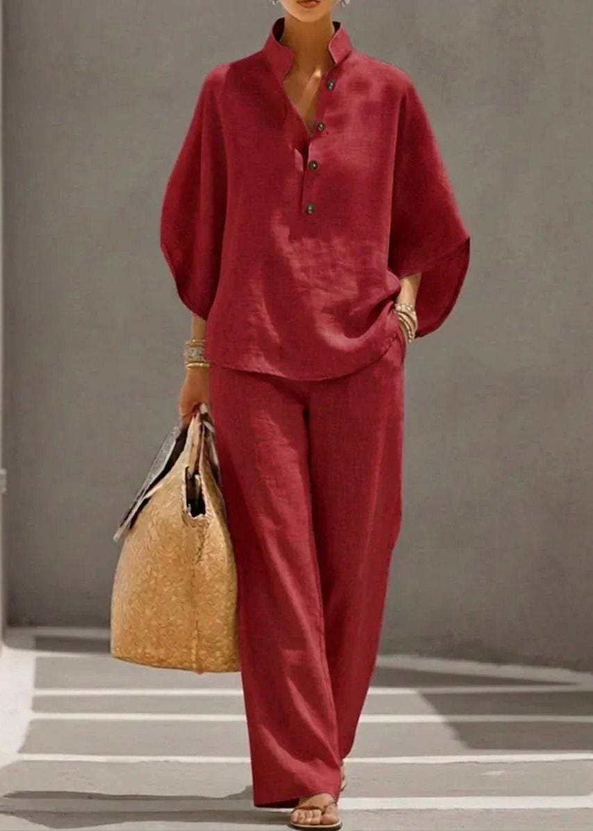Maribel | Conjunto de lino con mangas murciélago y pantalón ancho
