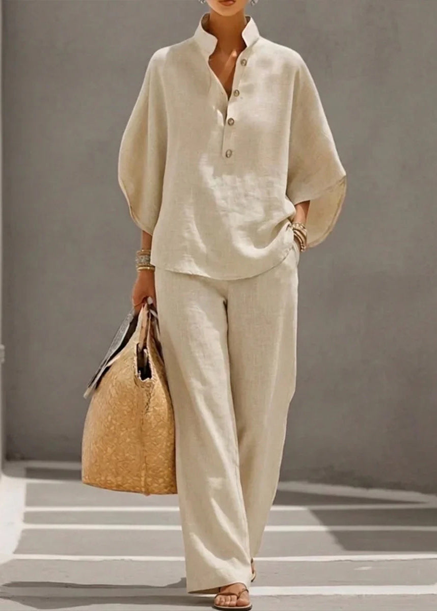 Maribel | Conjunto de lino con mangas murciélago y pantalón ancho