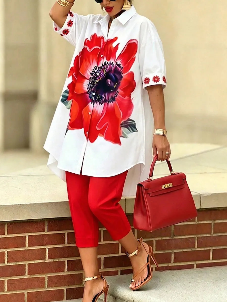 Bianca · Completo Due Pezzi Floreale Donna Top Oversize e Pantaloni Cropped