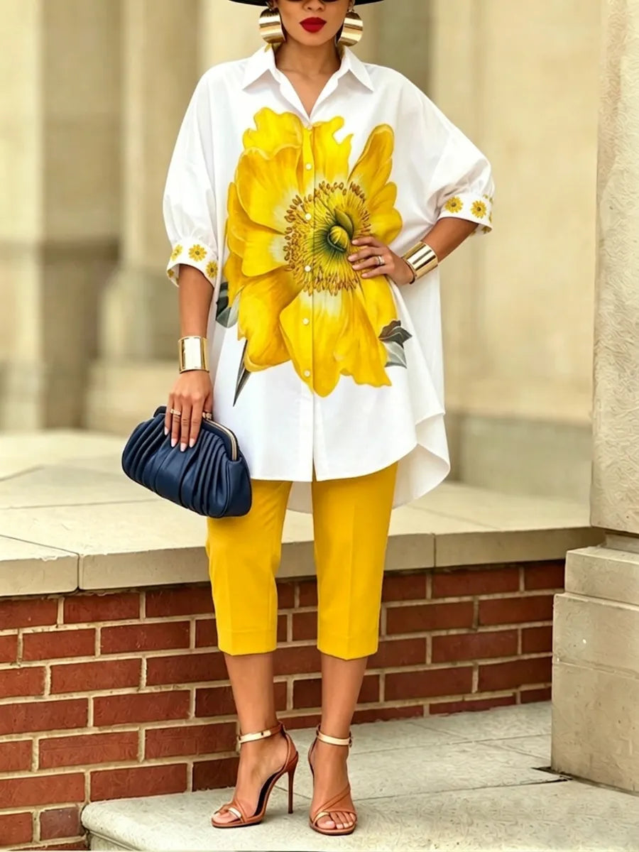 Bianca · Completo Due Pezzi Floreale Donna Top Oversize e Pantaloni Cropped