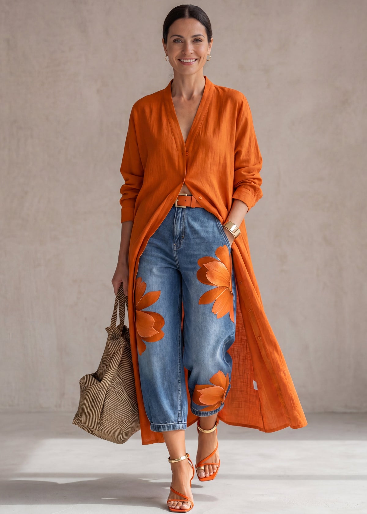 Rosa · Conjunto Vestido Camisero Rojo y Jeans Anchos Florales