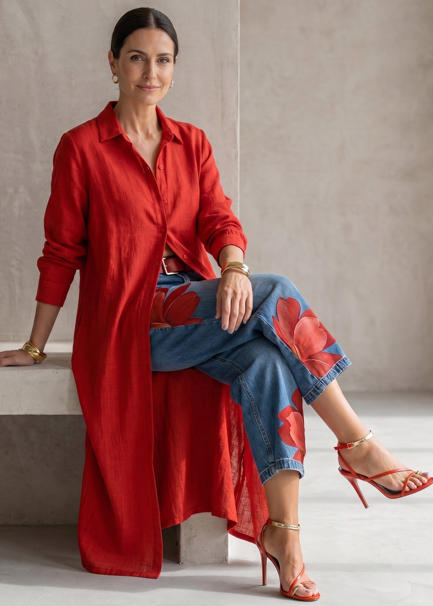 Rosa · Conjunto Vestido Camisero Rojo y Jeans Anchos Florales