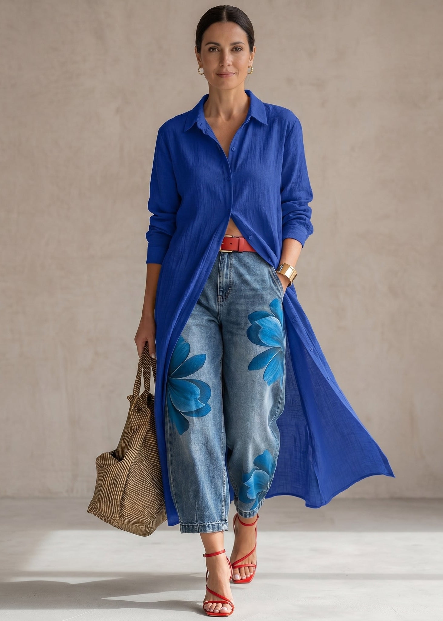 Rosa · Conjunto Vestido Camisero Rojo y Jeans Anchos Florales