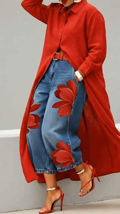 Rosa · Conjunto Vestido Camisero Rojo y Jeans Anchos Florales