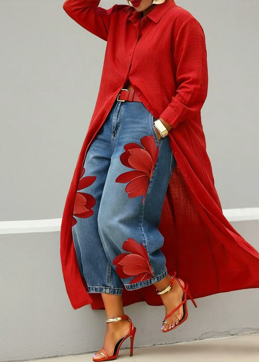 Rosa · Conjunto Vestido Camisero Rojo y Jeans Anchos Florales