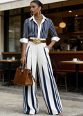 Lucia: Conjunto De Mujer A Rayas Con Camisa Y Pantalón Ancho