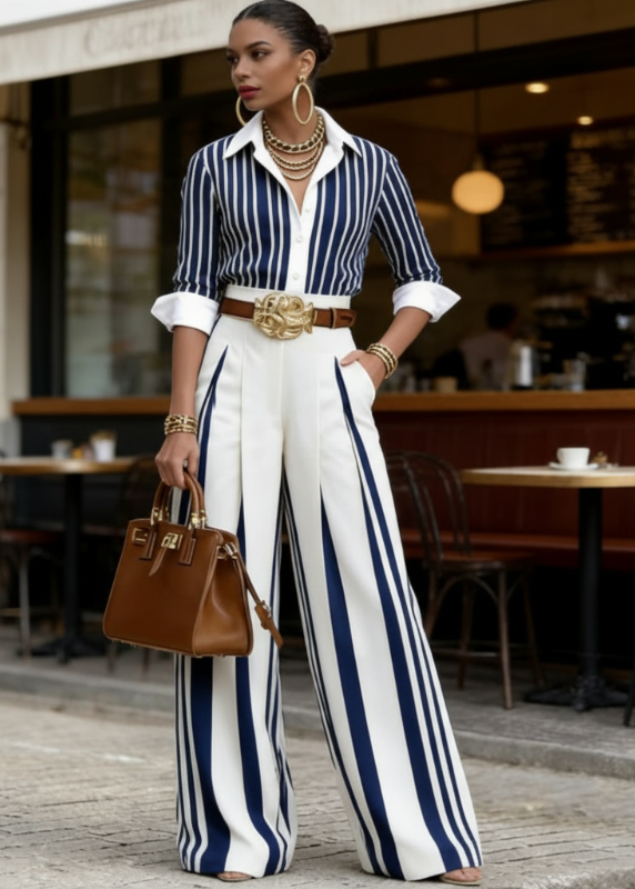 Lucia: Conjunto De Mujer A Rayas Con Camisa Y Pantalón Ancho
