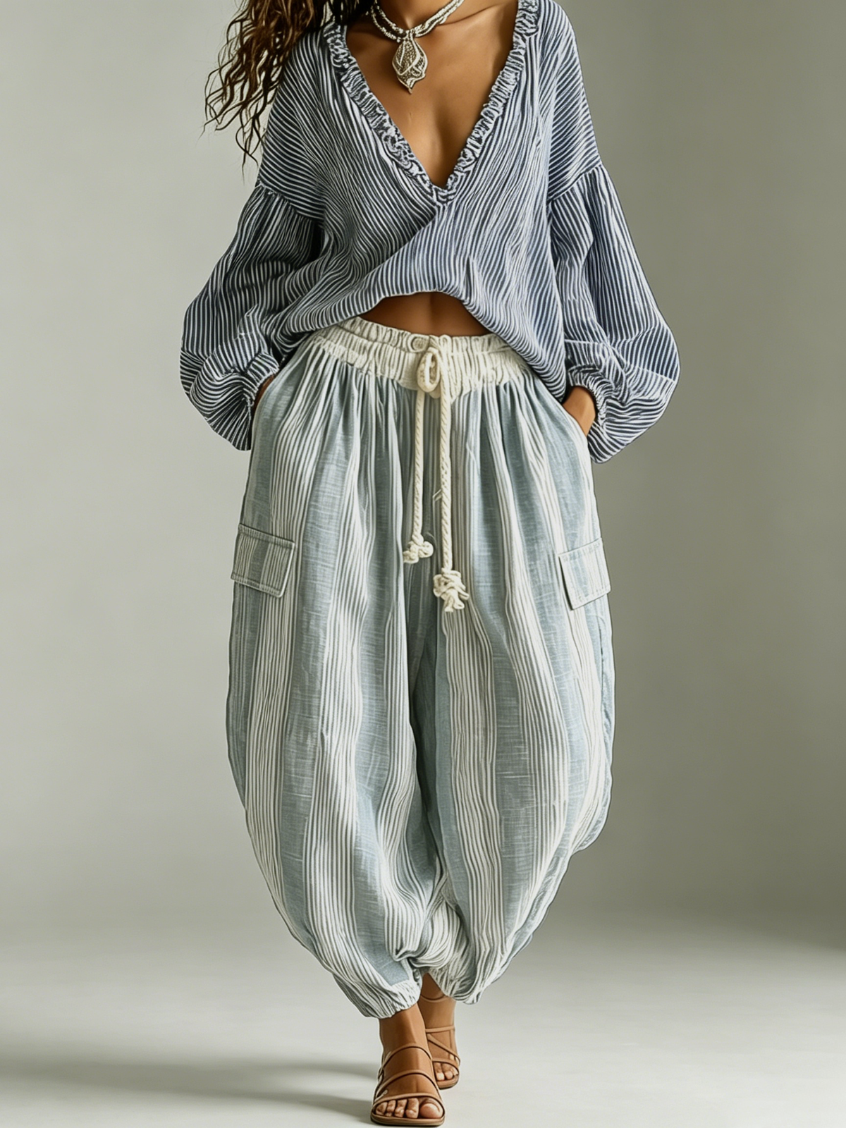 Francesca™ | Completo Bohémien Top e Pantaloni a Righe con Maniche a Lanterna