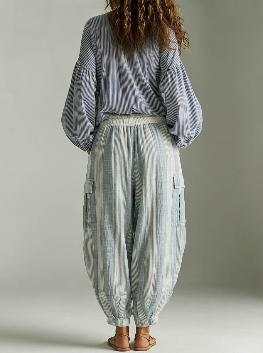 Francesca™ | Completo Bohémien Top e Pantaloni a Righe con Maniche a Lanterna